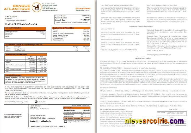 Burkina Faso Banque Atlantique bank mortgage statement, 2 pages, 1-2